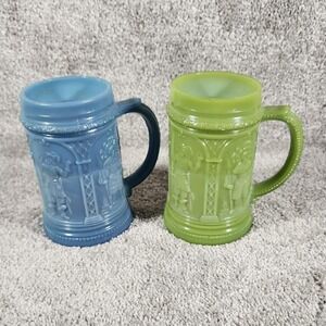 Vintage Greentown Westmoreland Slag Milk Glass Mug Stein Serenade Green Blue